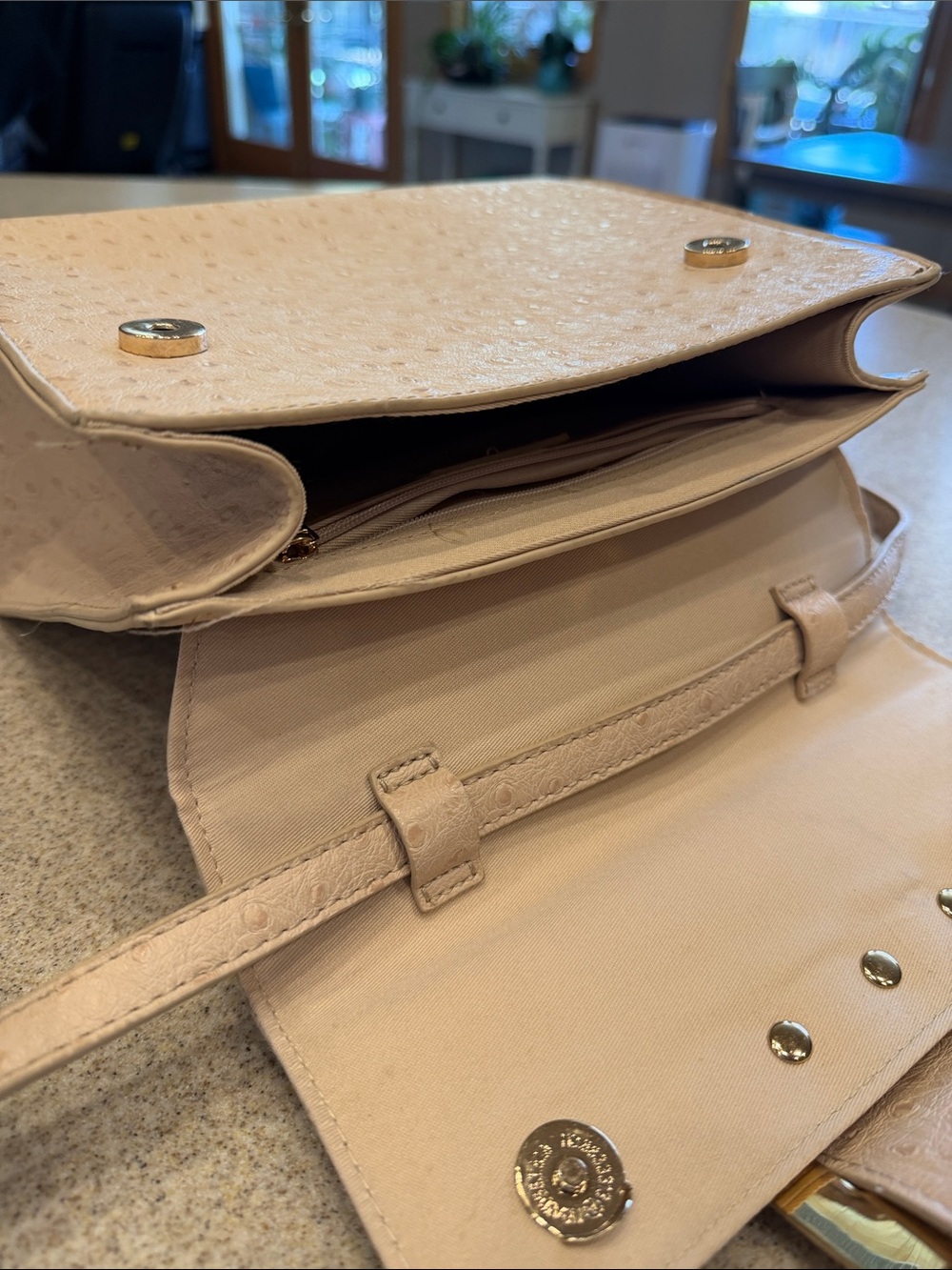 Crossing Vegan Leather Beige Structured Top-Handle Crossbody Bag w/ Gold Buckle - Picture 5 of 9